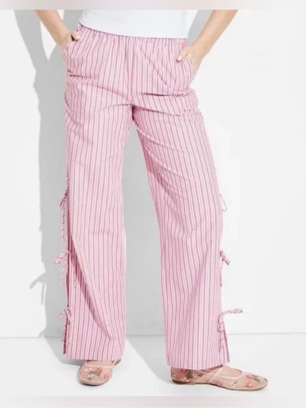 Women's Wide Leg Pants Target Pink Striped Tie Detail High Waist NWT XXS